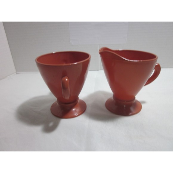 Hazel Atlas Ovide Rust Cream and Sugar Set Platonite Glass Mid Century Modern - Picture 4 of 8